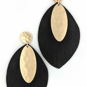 BLACK VEGAN LEATHER MATTE GOLD FASHION EARRINGS